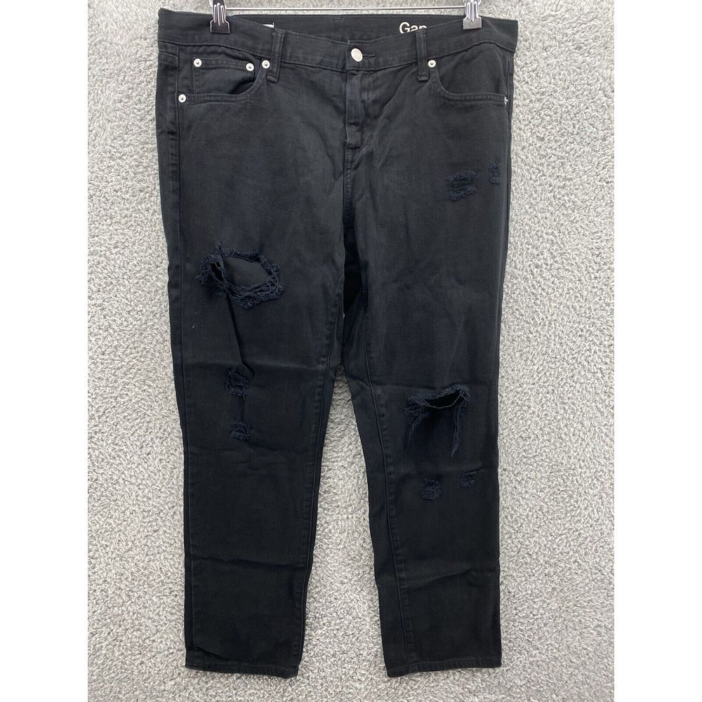 Gap 1969 Girlfriend Jeans 32R Black Distressed Denim Jeans Regular Fit‎ Straight